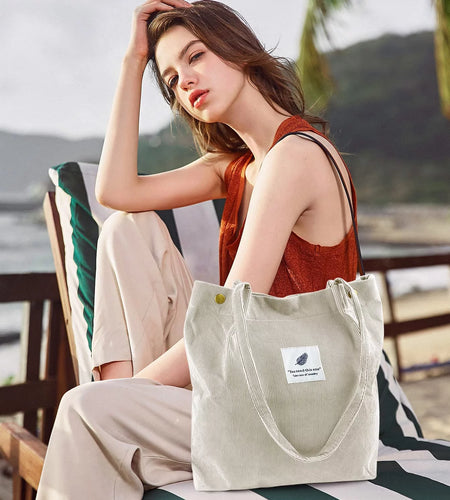 Corduroy Tote Bag Large for Women Girl Lady Canvas Shoulder Cord Purse and Handbags with Inner Pocket (Beige)