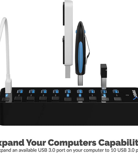10-Port 60W USB 3.0 Hub with Individual Power Switches and Leds, Includes 60W 12V/5A Power Adapter (HB-BU10)