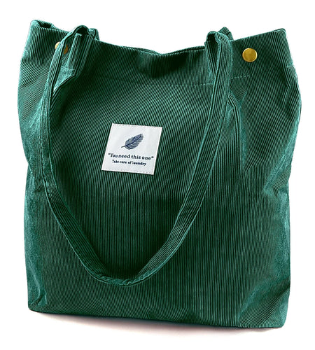 Corduroy Tote Bag Large for Women Girl Lady Canvas Shoulder Cord Purse and Handbags with Inner Pocket (Green)