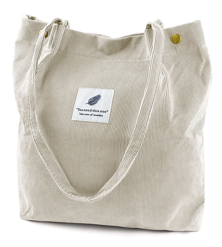 Corduroy Tote Bag Large for Women Girl Lady Canvas Shoulder Cord Purse and Handbags with Inner Pocket (Beige)
