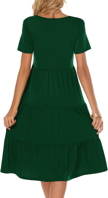 Women'S Casual Summer Tiered Midi Dress Short Sleeve V-Neck Loose Cotton Ruffle Babydoll Dress Boho Sundress
